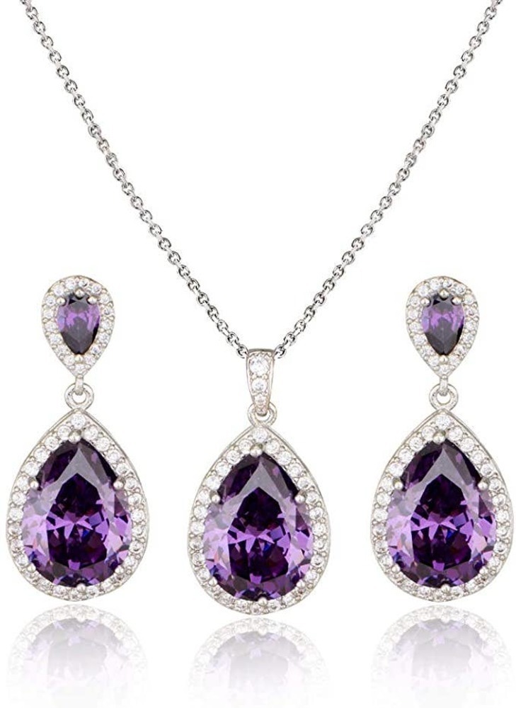 18k Plated Amethyst Teardrop CZ Crystal Zircon Rhinestone Necklace Earrings Set - Picture 6 of 6